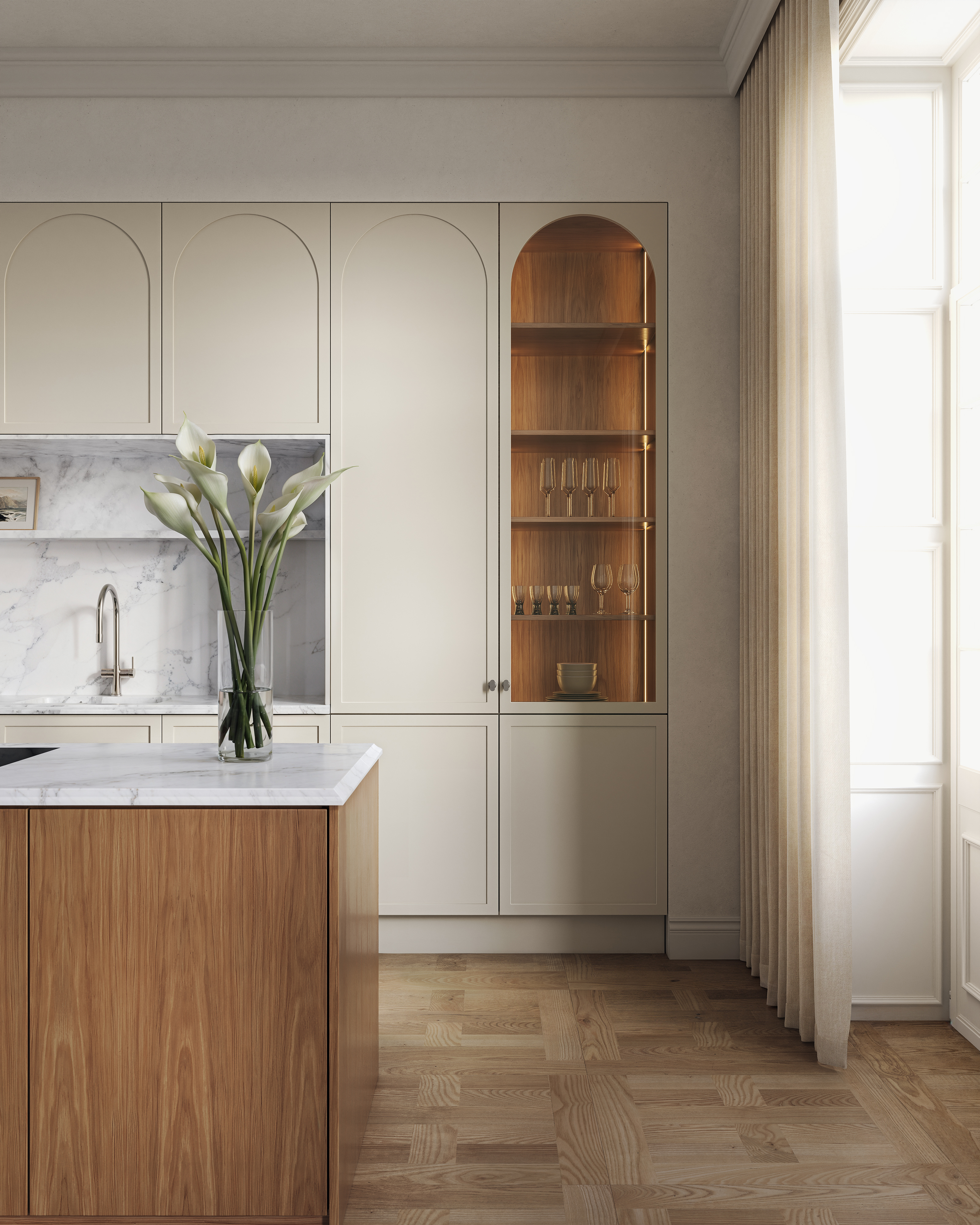 Ajaton keittiödesign kaariovi Fior